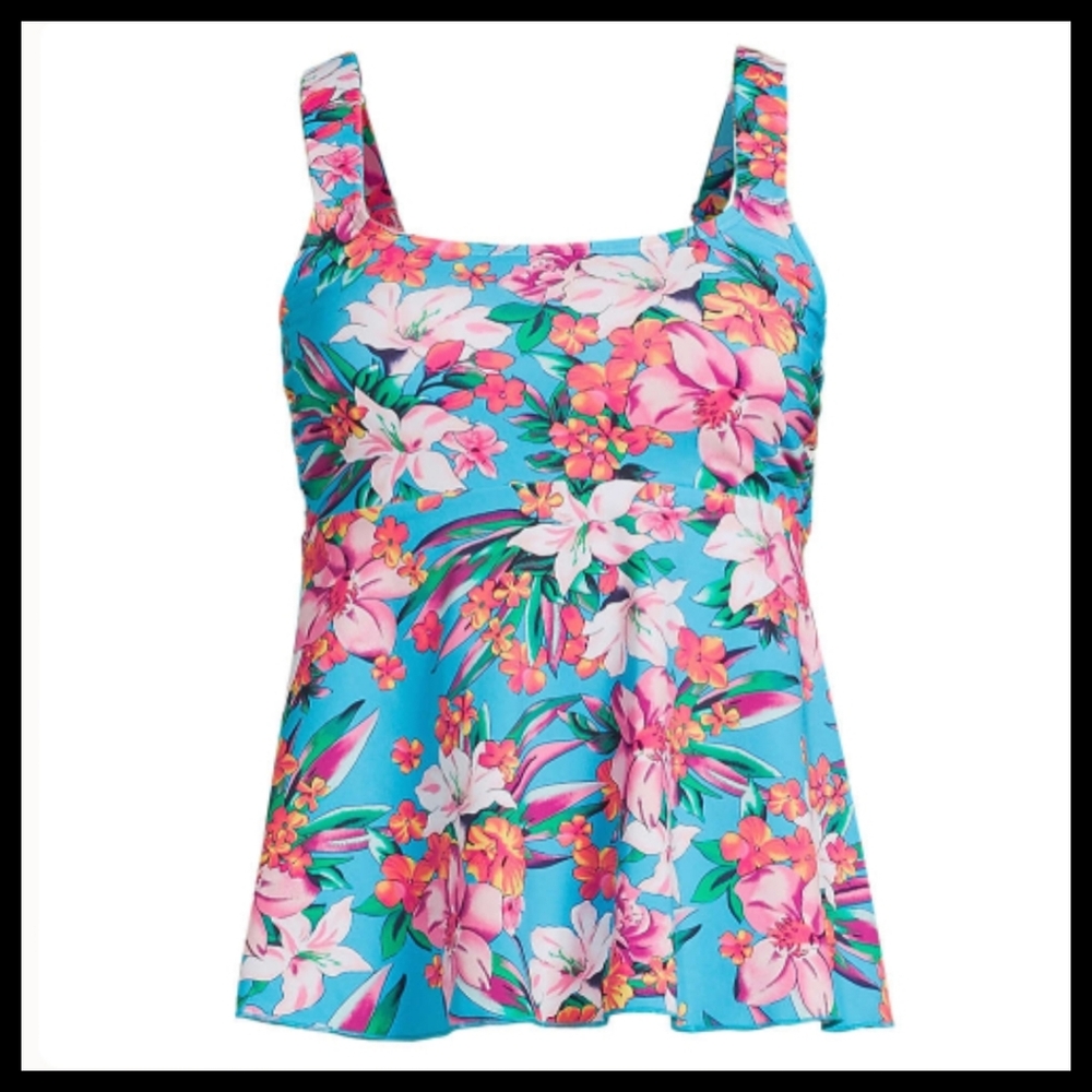 Lands' End Women's Top Plus Size 22W DD Flutter Scoop Neck Tankini Blue●